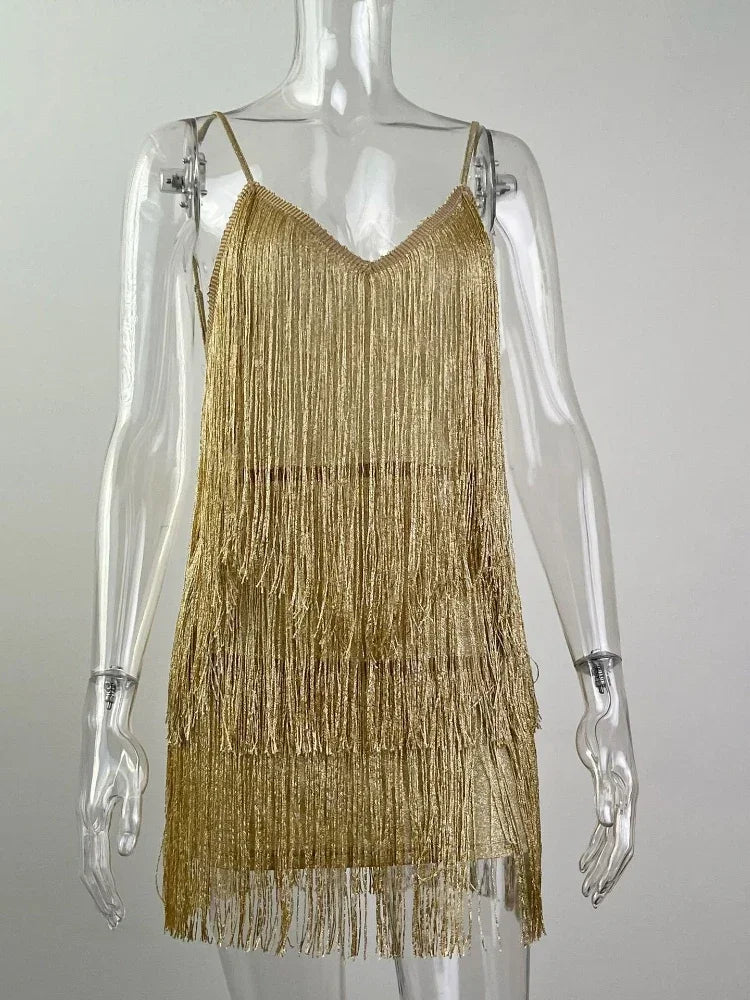 Aria Deep-V Sequin Tassel Mini Dress