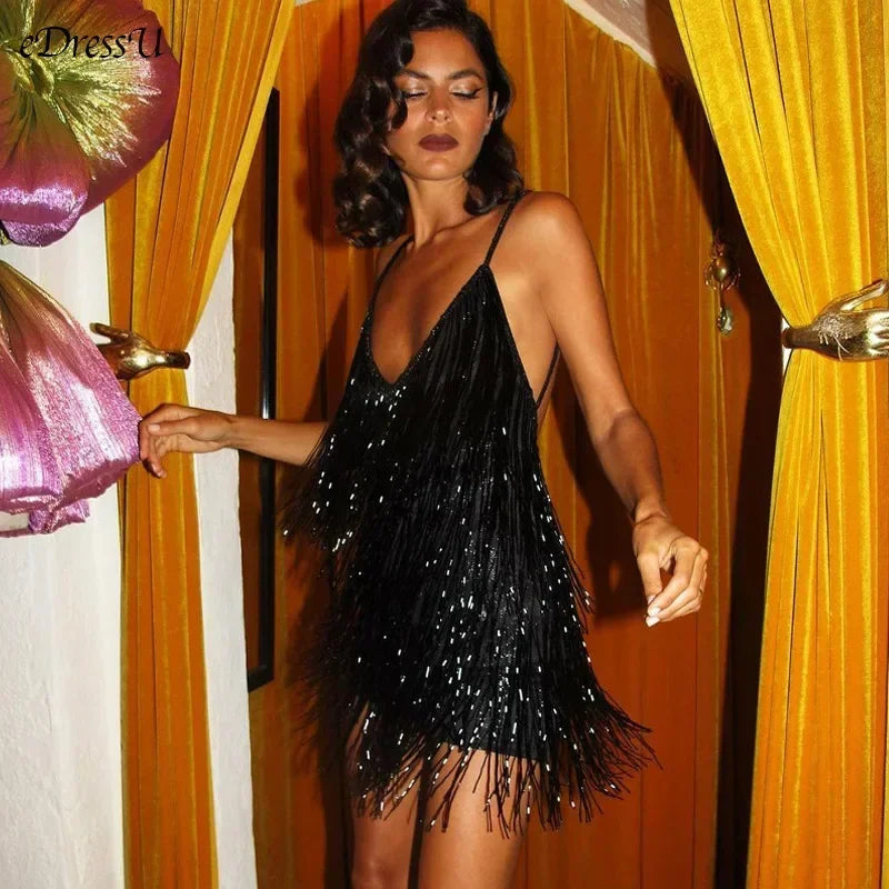 Aria Deep-V Sequin Tassel Mini Dress